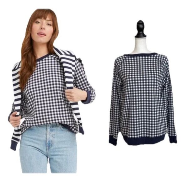 Draper James Natalie Sweatshirt Gingham Navy White Size M Checked Preppy Coastal - Picture 2 of 11